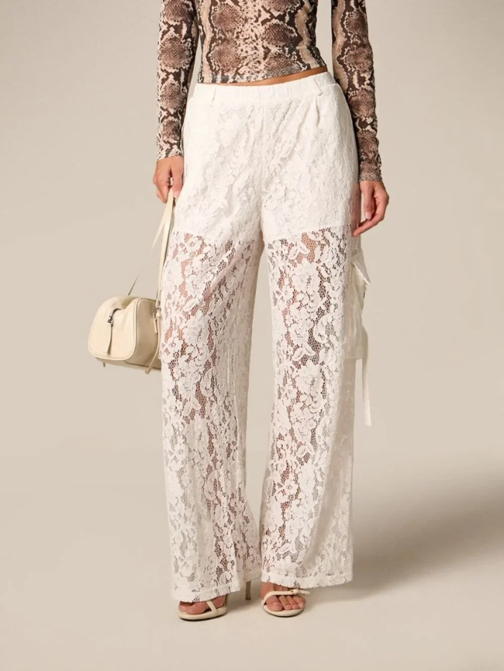 White Elegant Women's Wide Leg Cargo Pants with Floral Lace Utility Pockets